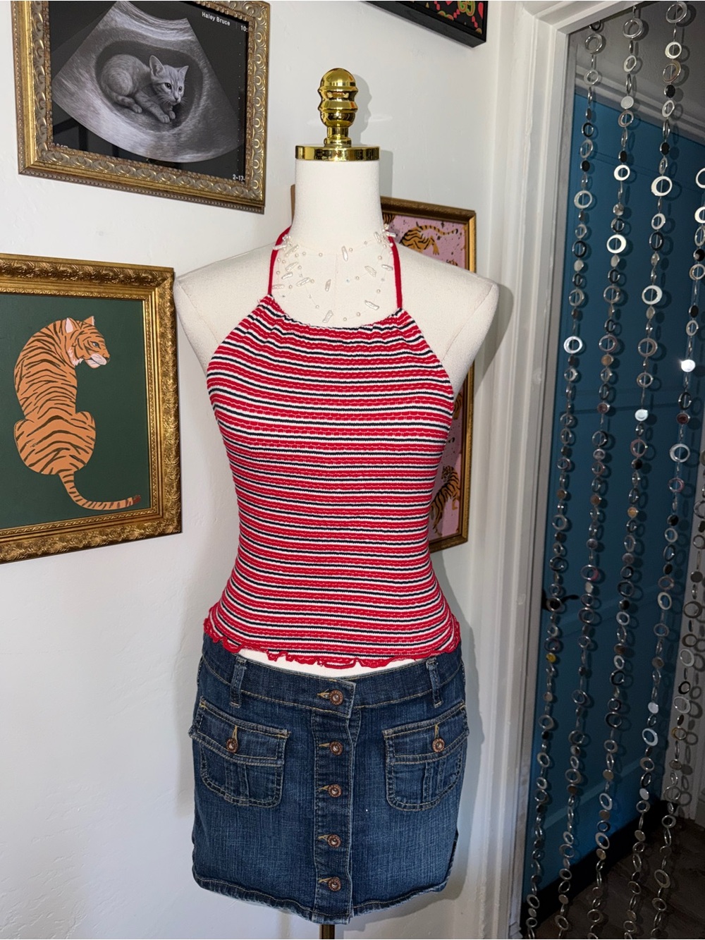Vintage Y2K Red & White Striped Halter Tank Top - Women